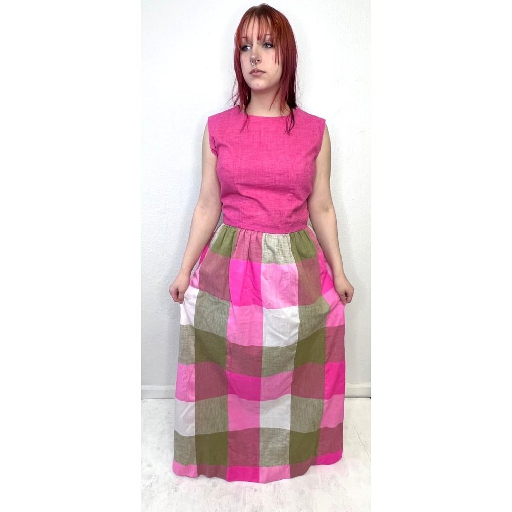 Vintage 70s Pink Checkered Maxi Long Hostess Dress M Medium Party Festival - Picture 5 of 6